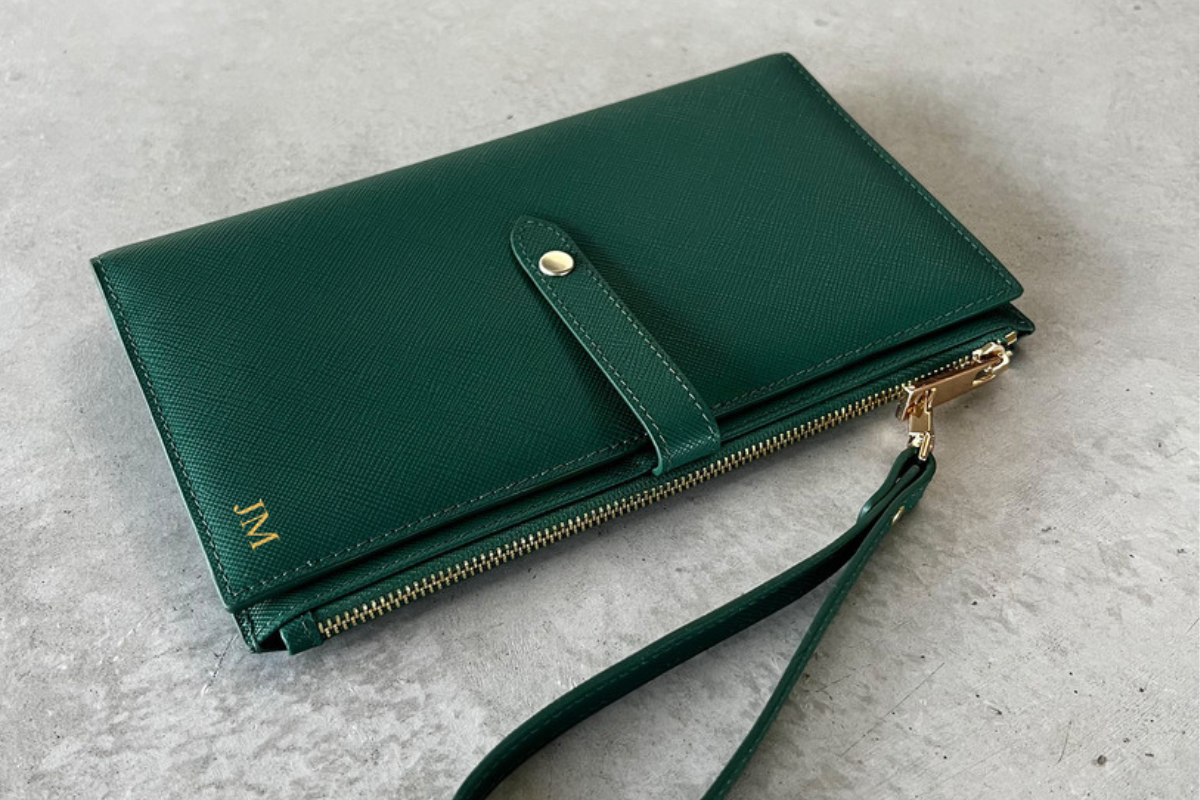 Personalised Leather Travel Wallet Green Organiser Passport Holder