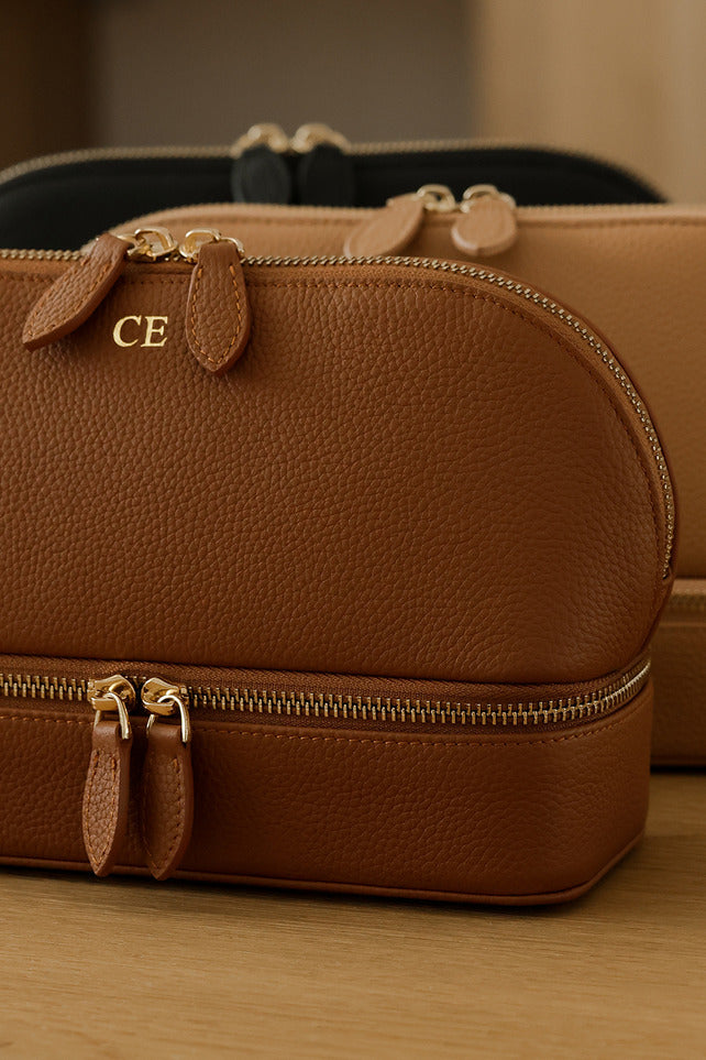 Mont Laurent Personalised Monogrammed Leather Beauty Jewellery Bag Travel Black Brown Beige