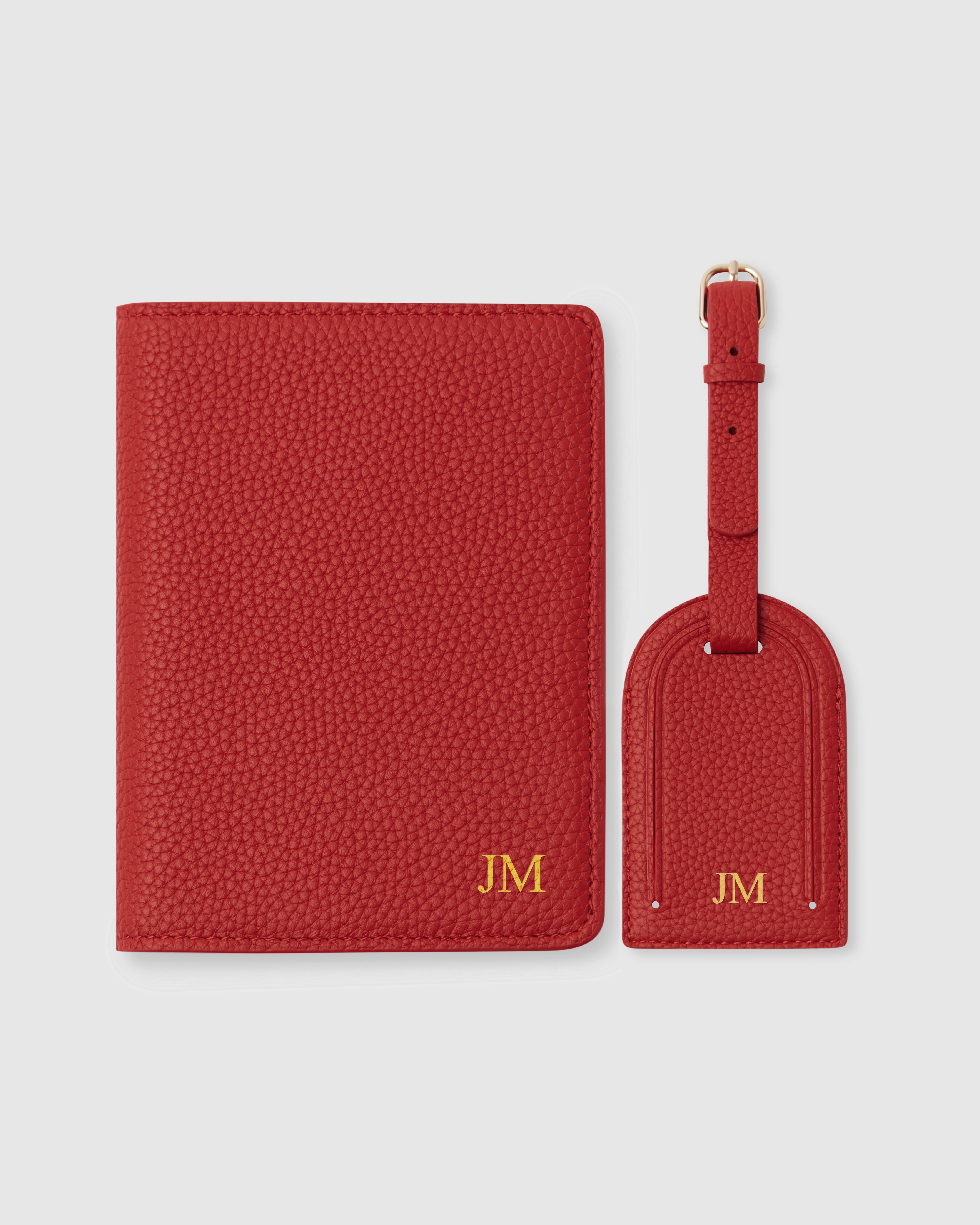 Red Personalised Leather Passport Holder Sleeve Cover Luggage tag set Travel