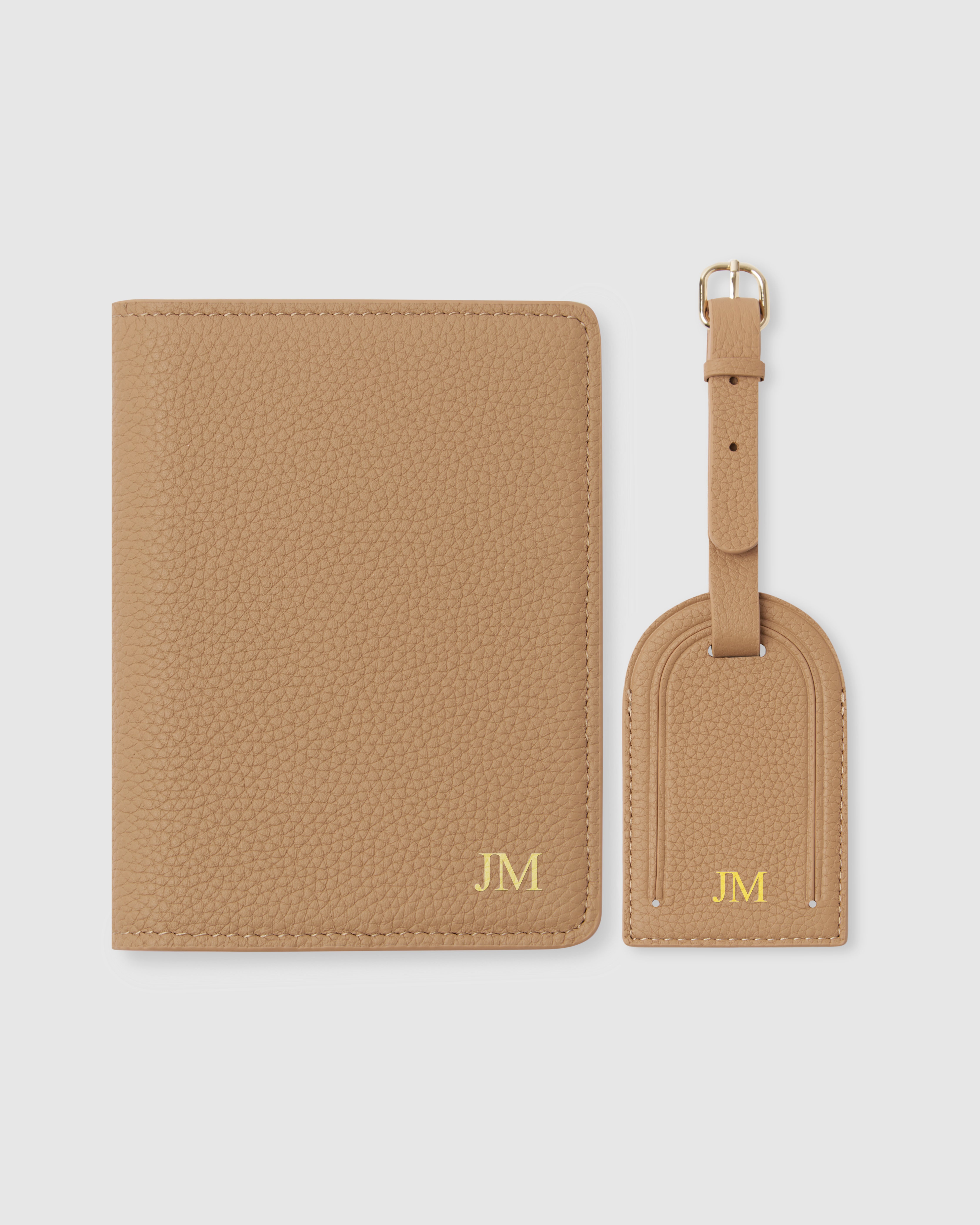 Beige Personalised Leather Passport Holder Sleeve Cover Luggage tag set Travel