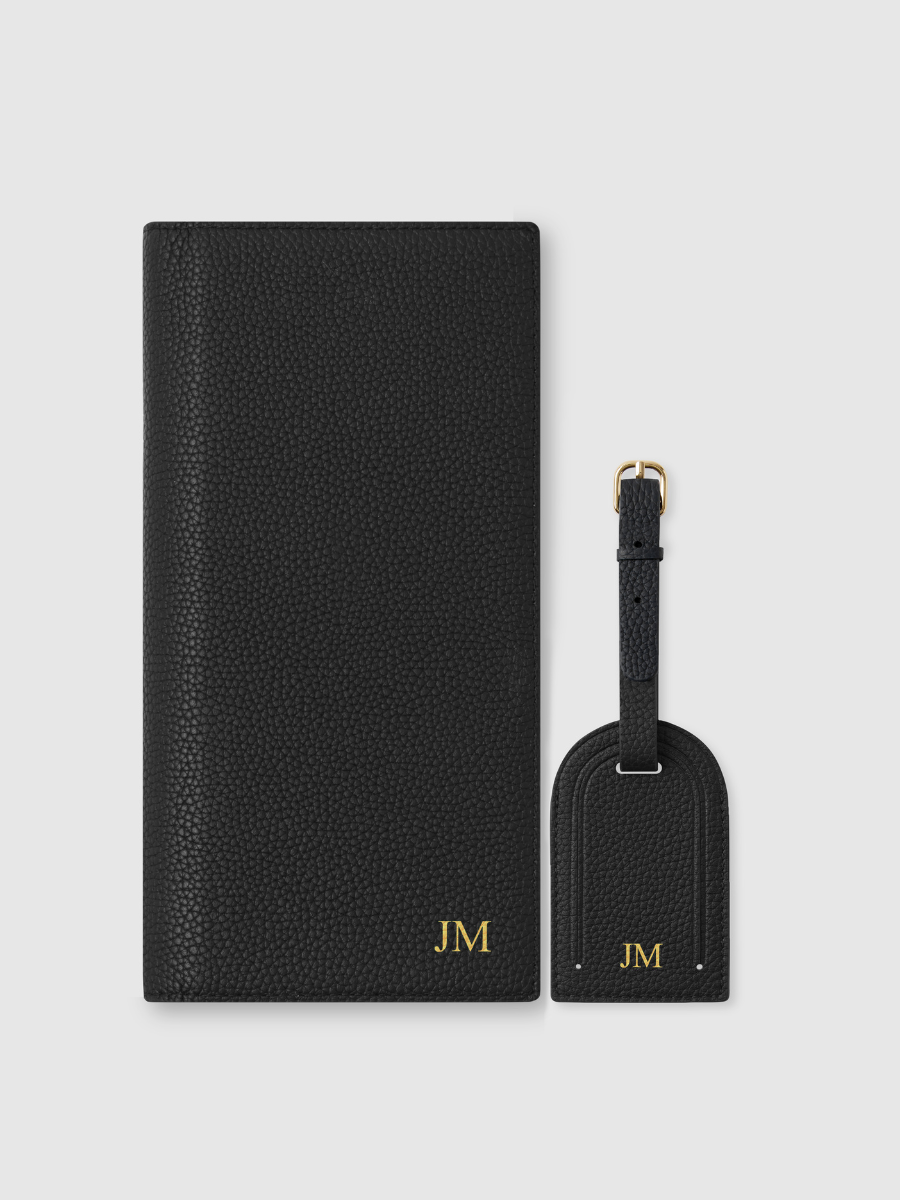 Black leather personalised travel wallet luggage tag