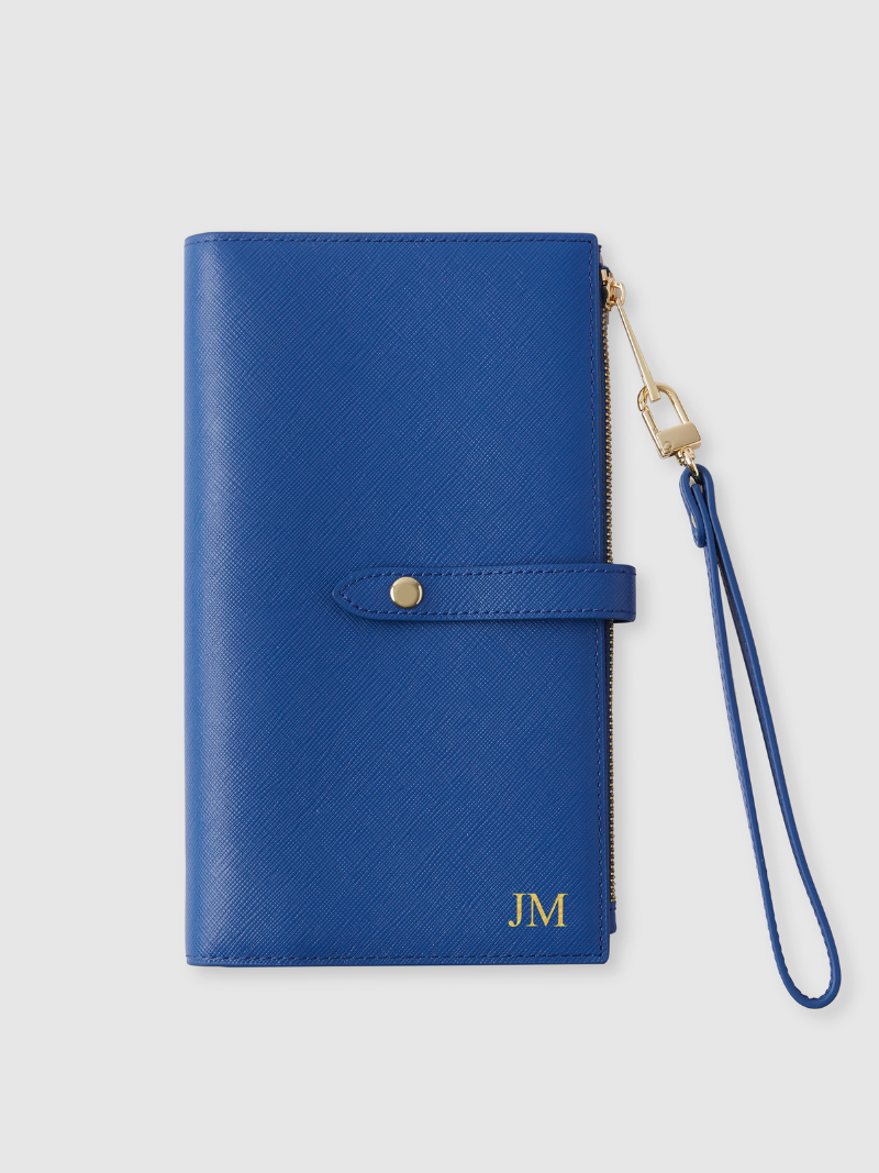 Blue personalised leather travel wallet holder