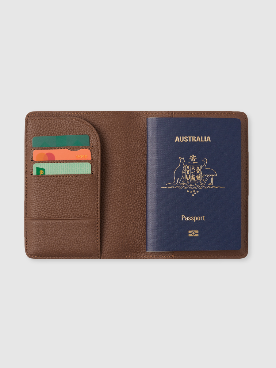 Brown personalised leather passport holder