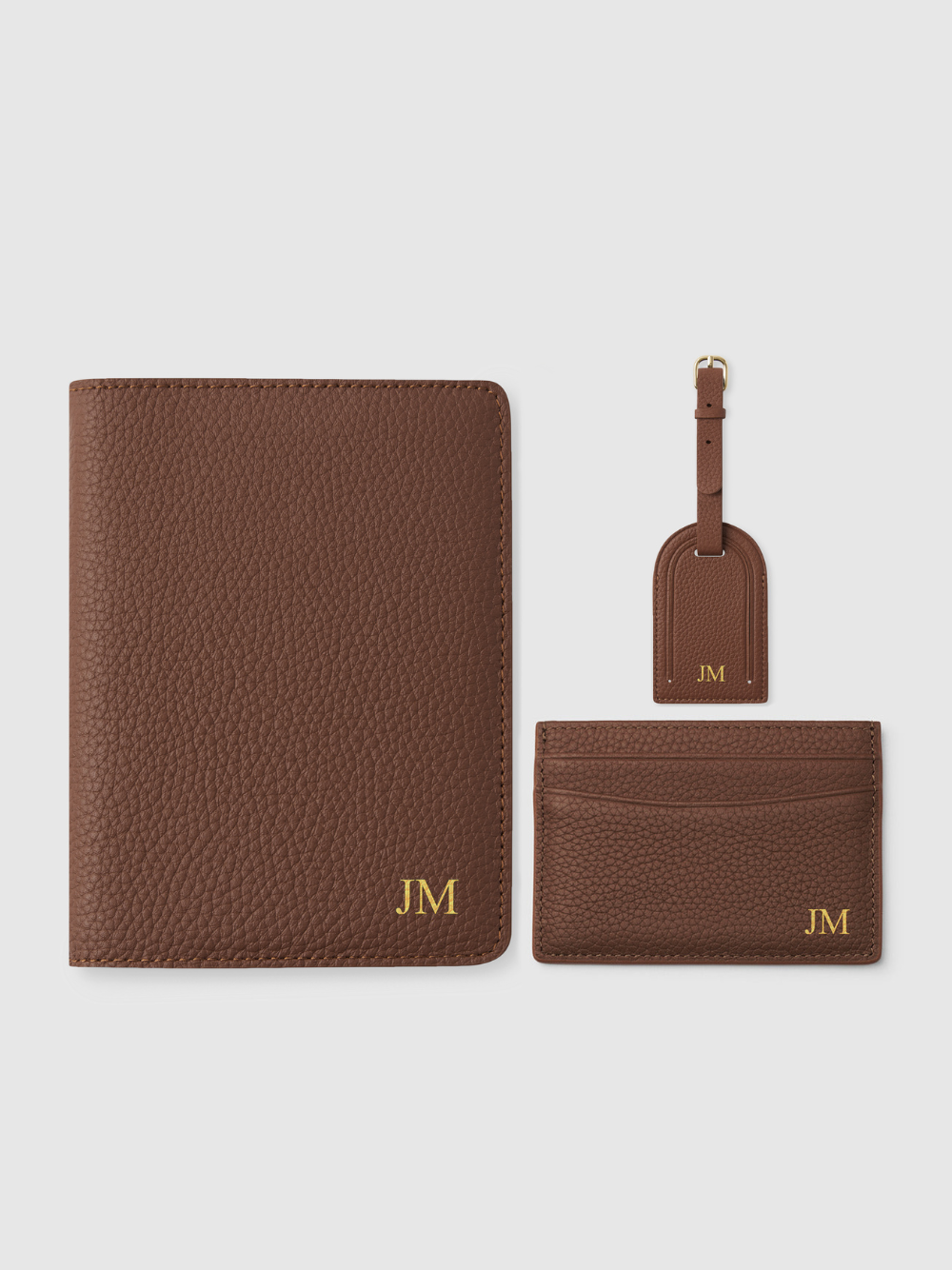 Mens brown leather travel passport luggage tag set wallet