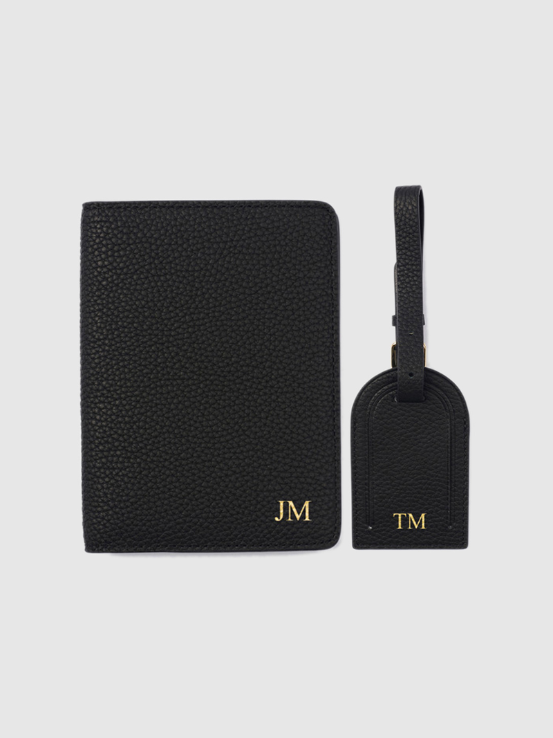 Personalised black passport luggage tag leather