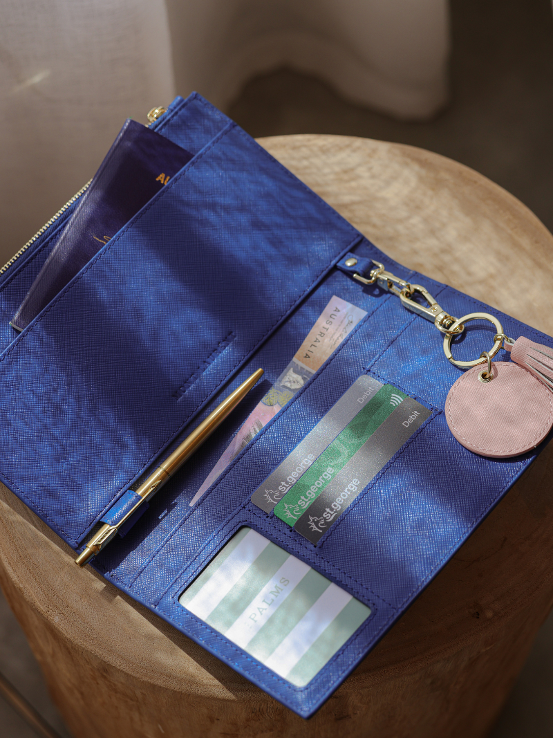 Personalised blueleather travel wallet