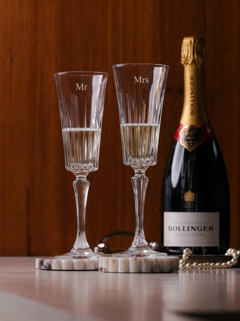 Personalised engraved custom glass vintage wedding champagne