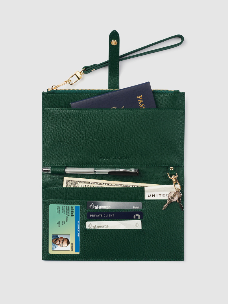 Personalised green leather travel wallet