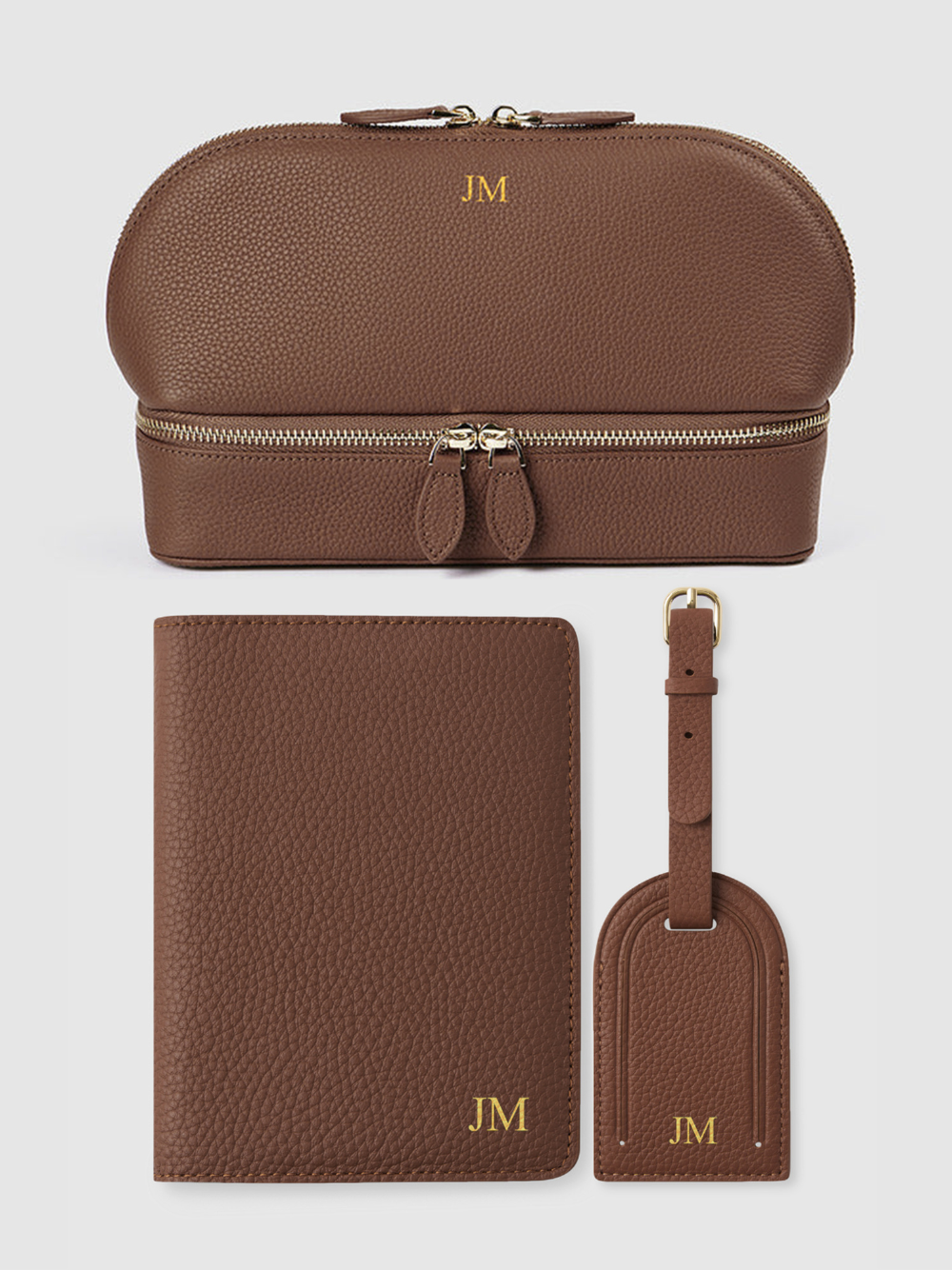 Personalised leather travel set jewellery passport luggage tag brown