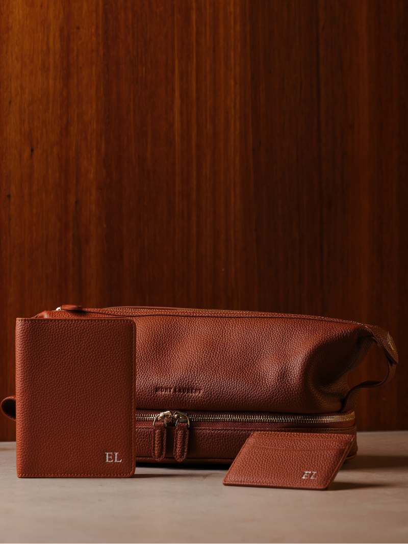 Personalised mens leather bundle passport washbag brown