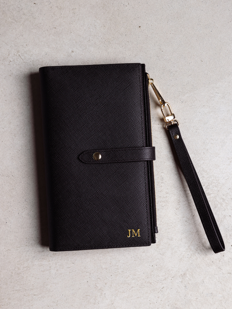 Personalised monogram travel wallet leather black