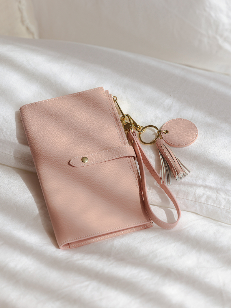 Personalised pink leather travel wallet