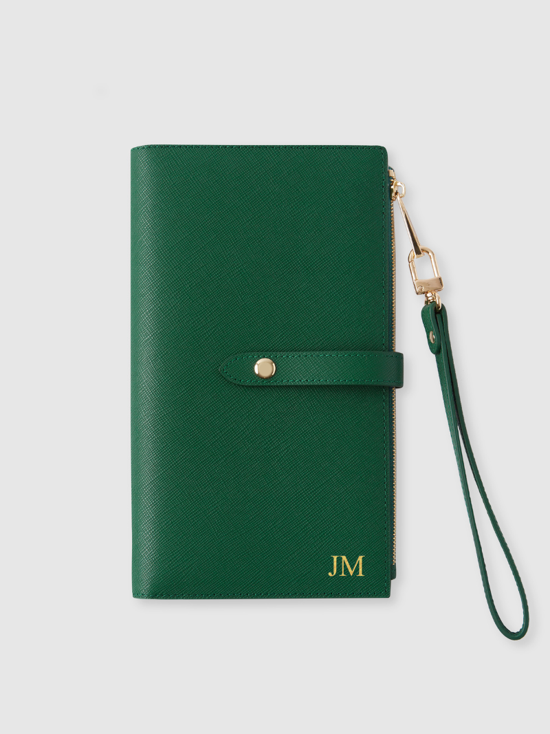 Personalised travel wallet green leather passport