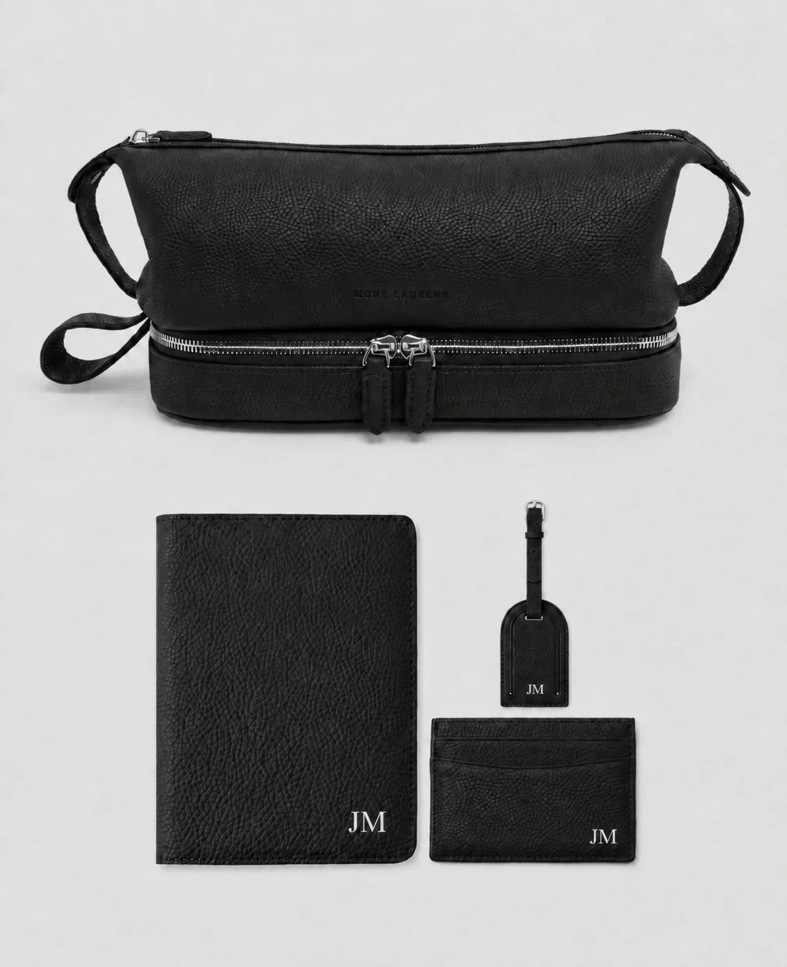 Personalised black luxury leather travel accessories from Mont Laurent Australia, including toiletry bags, passport holders and card holders