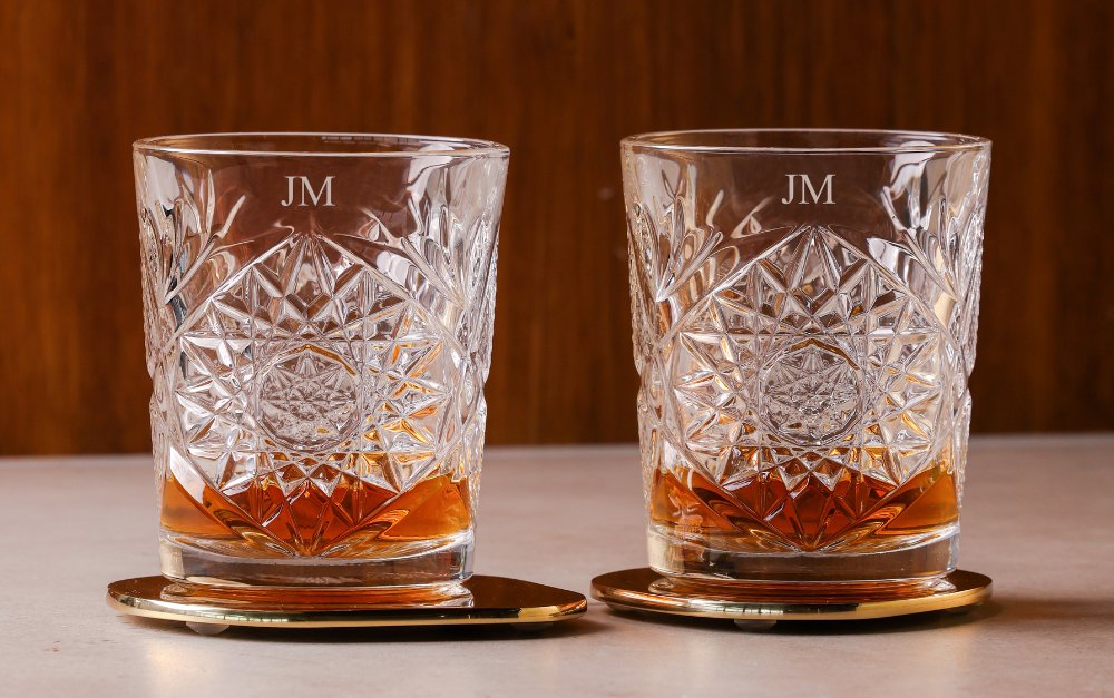 Personalised whiskey glasses by Mont Laurent Australia with premium engraved designs