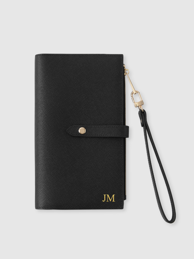 Black personalised leather travel wallet holder