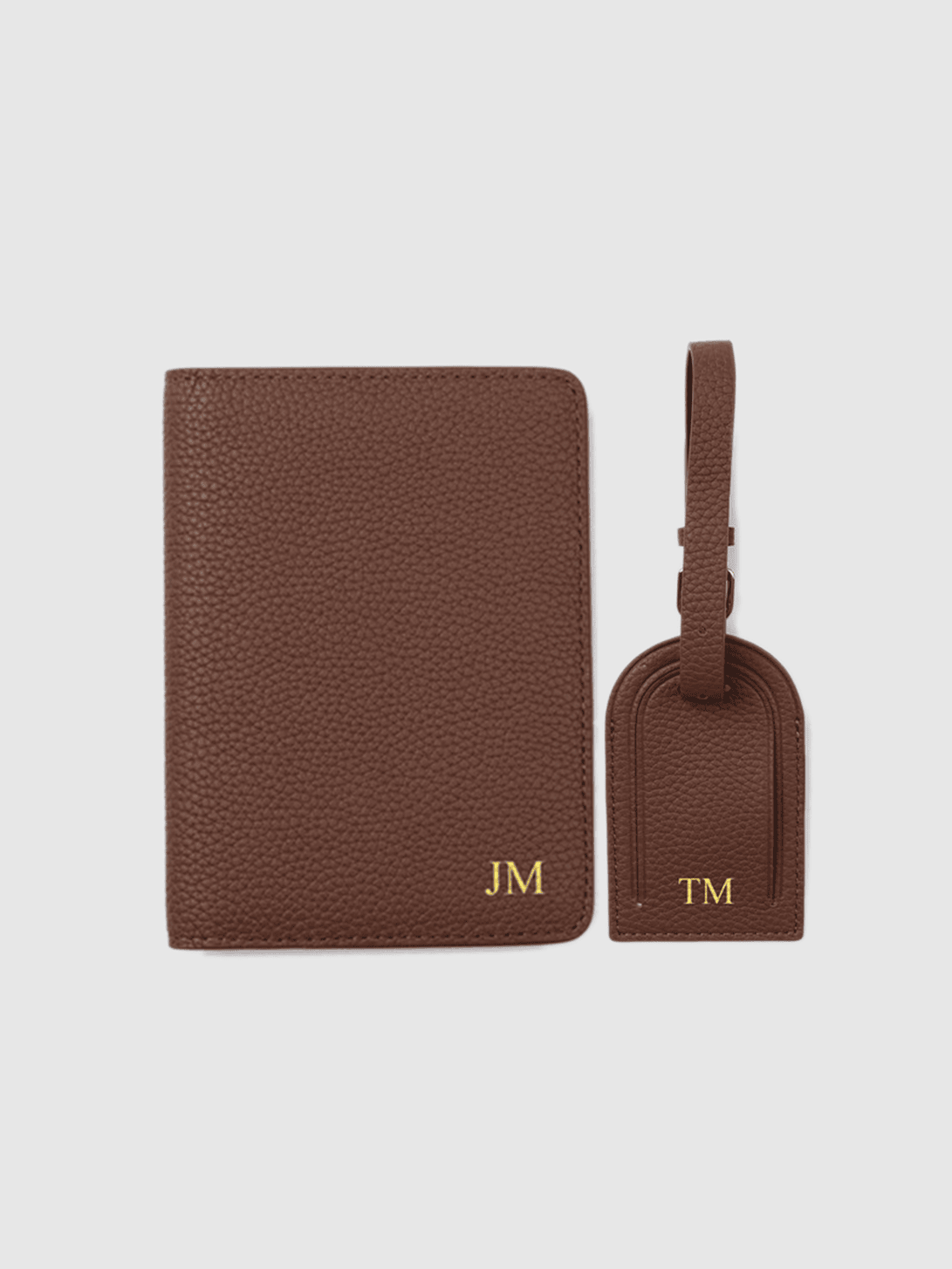 Brown personalised leather travel set luggage tag passport holder