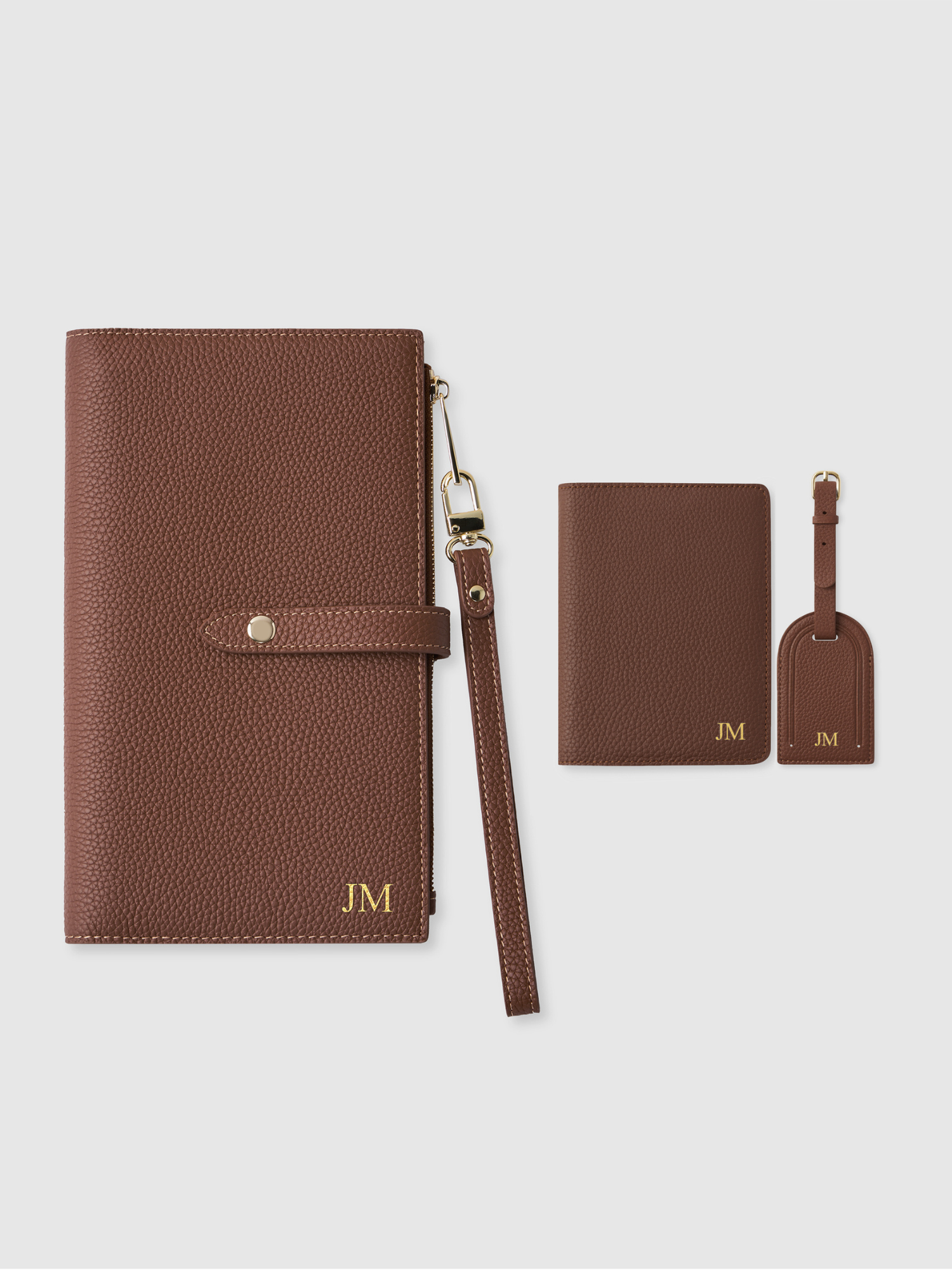 Brown travel wallet leather bundle personalised passport luggage tag