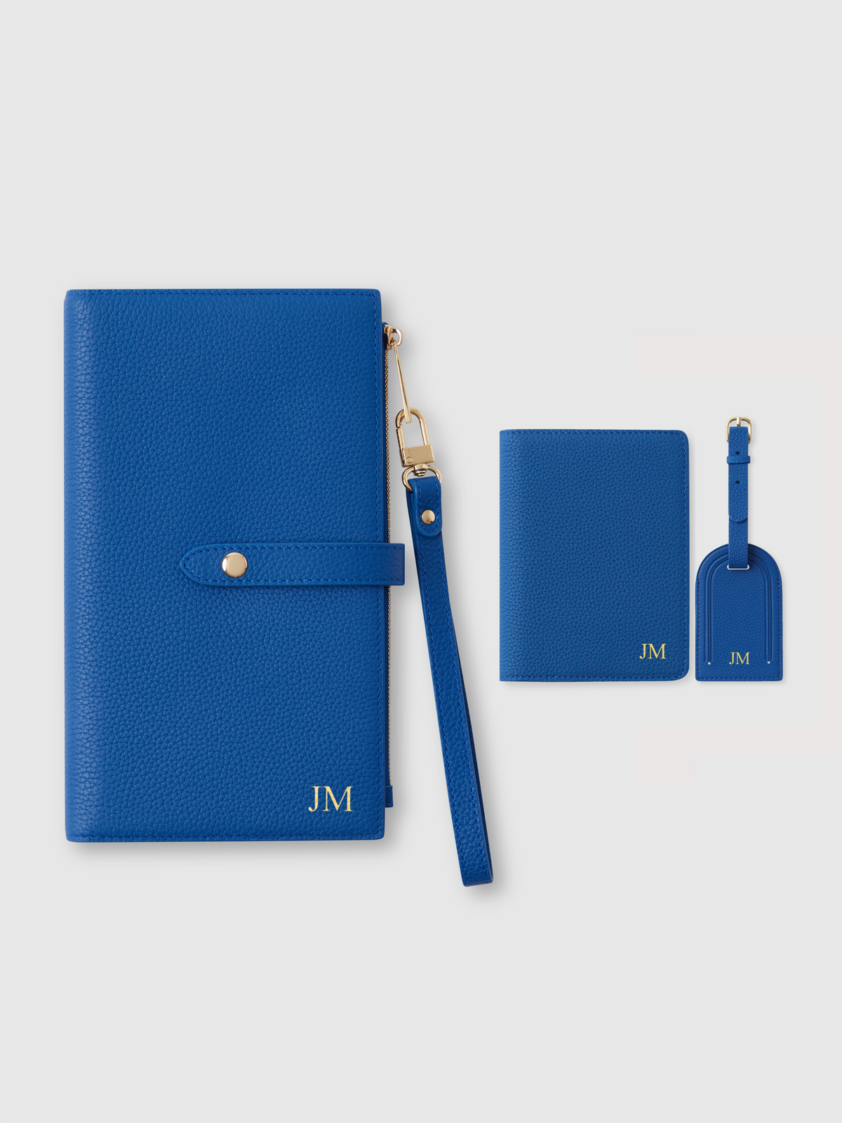 Cobalt blue personalised passport luggage tag holder leather
