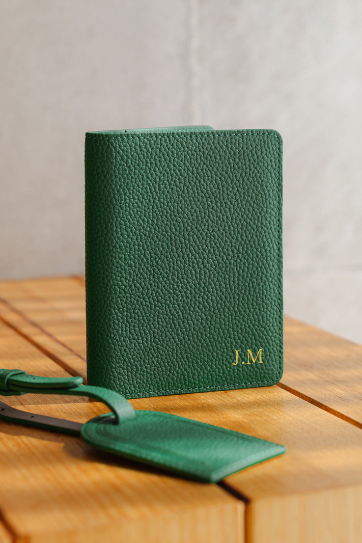 Personalised leather passport holder green luggage tag travel