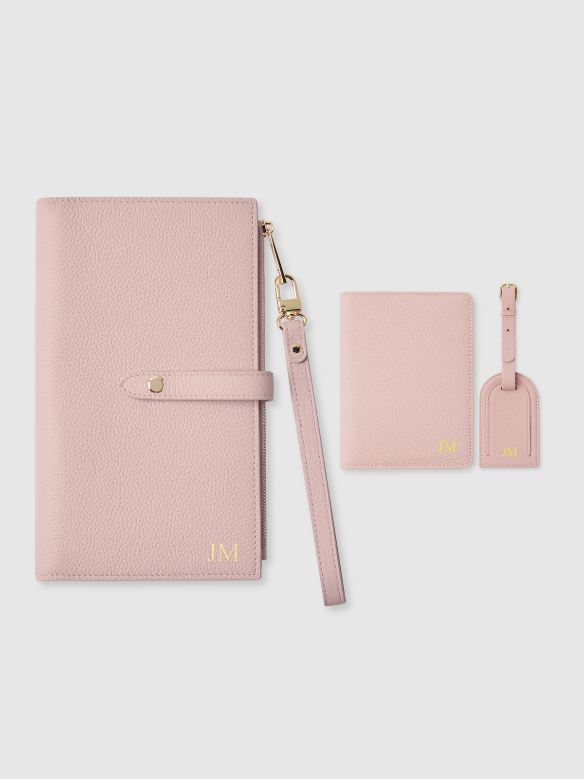 Pink personalised travel wallet passport holder luggage tag leather