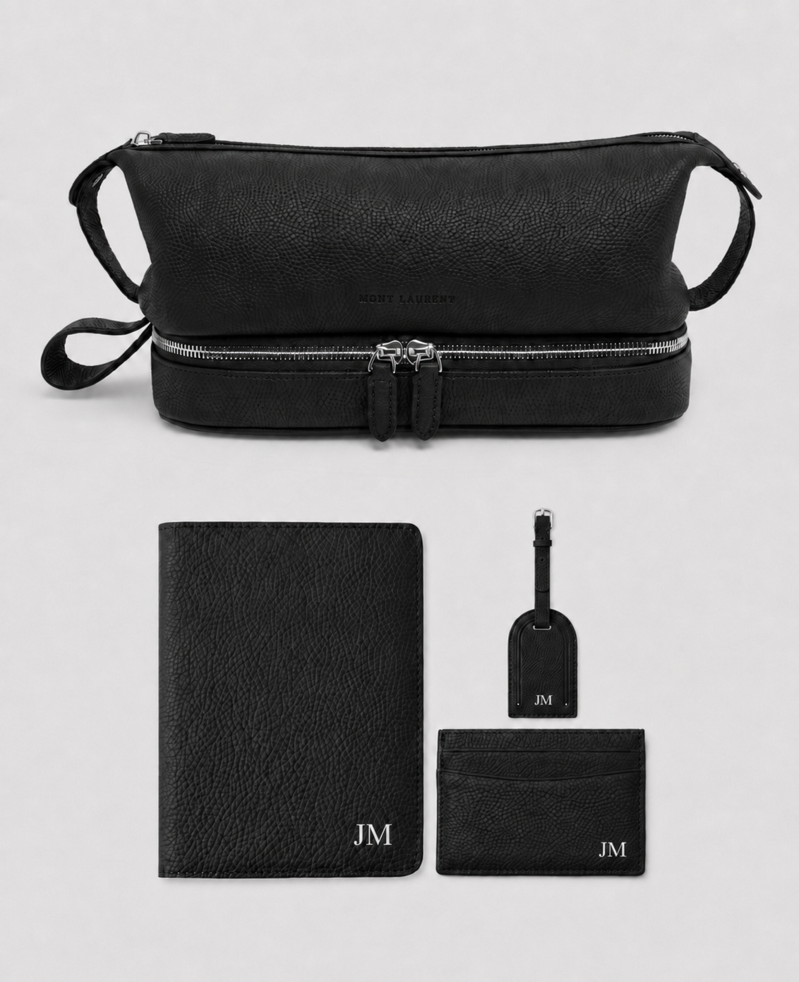 Mens personalised black leather washbag wallet passport holder