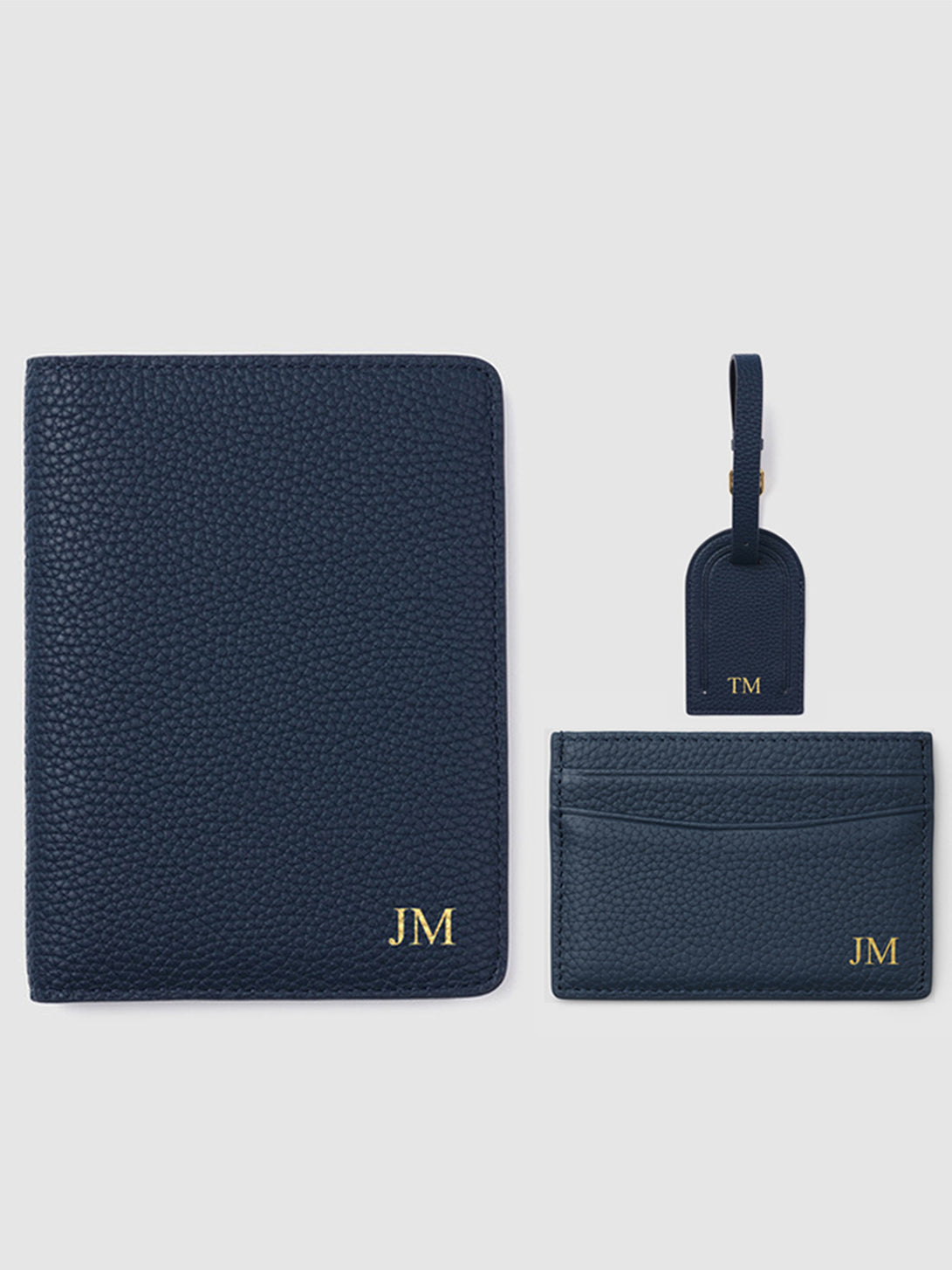 Mens personalised leather travel set navy blue passport lugagge tag wallet