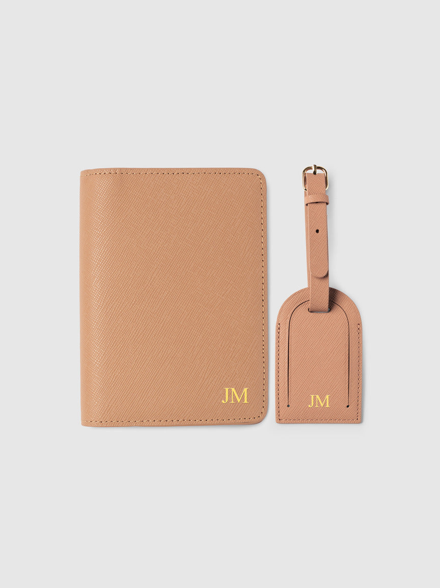 Mont Laurent Personalised Travel Set Passport Luggage Tag Beige Nude Leather