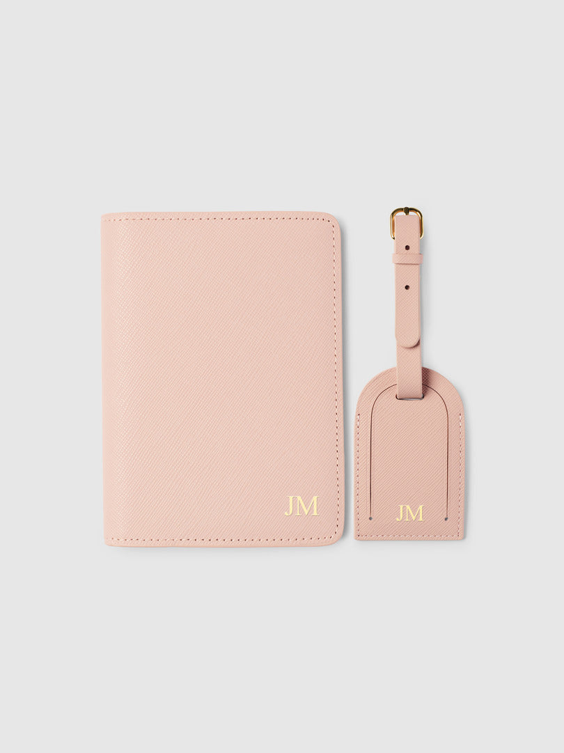 Mont Laurent Personalised Travel Set Passport Luggage Tag Light Pink Leather