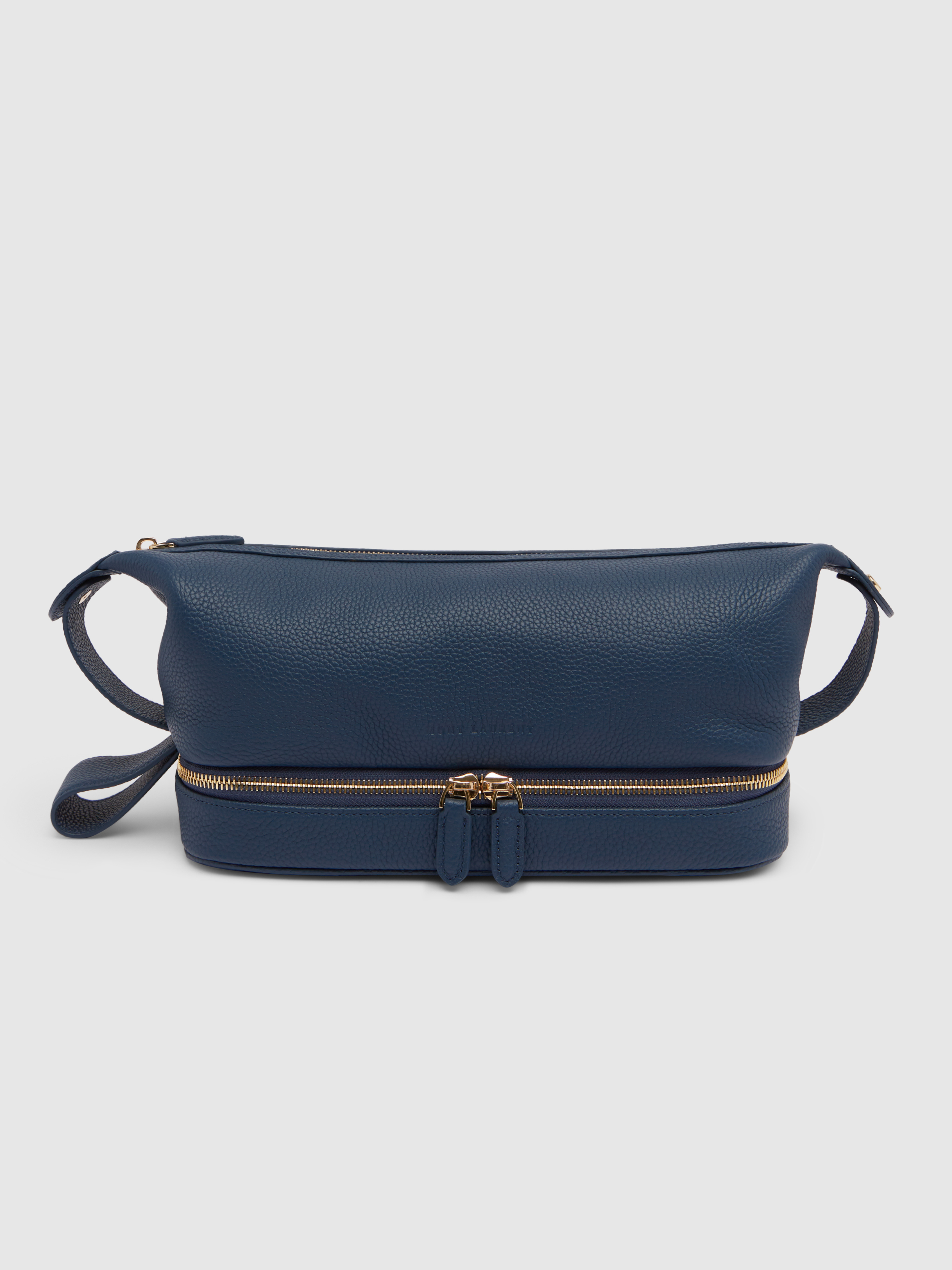 Navy Brown Leather Washbag Toiletries 