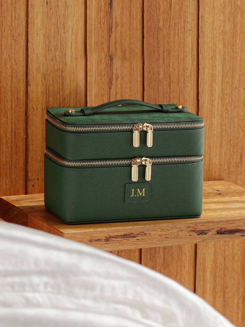 Personalised Beauty makeup bag green leather