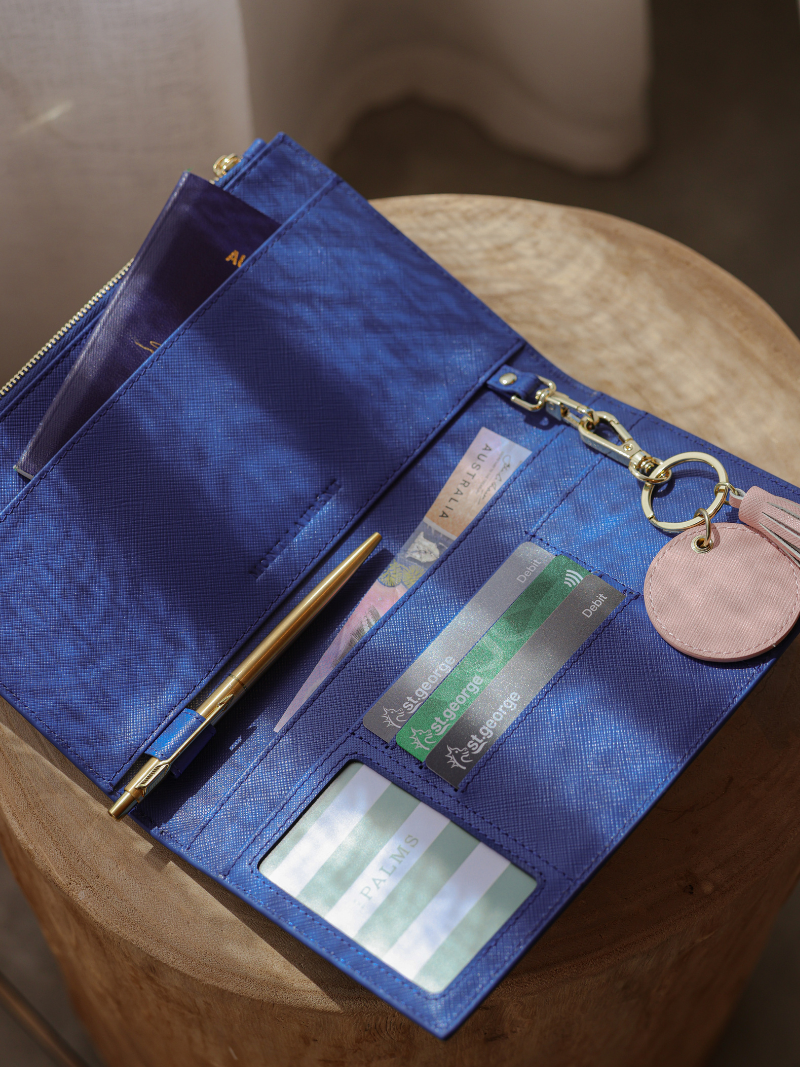 Personalised blueleather travel wallet 