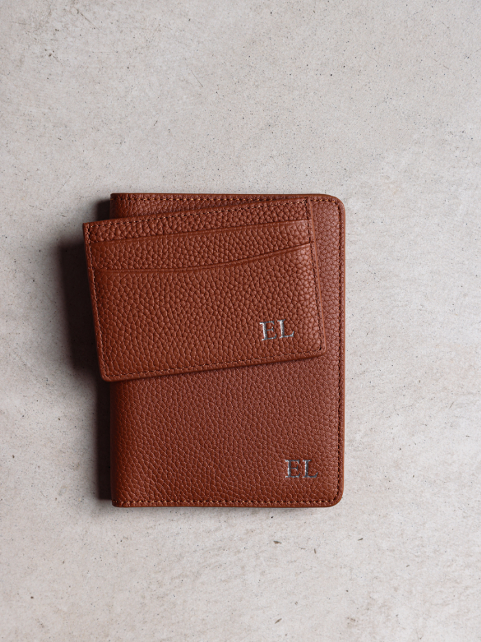 Personalised leather passport wallet card brown