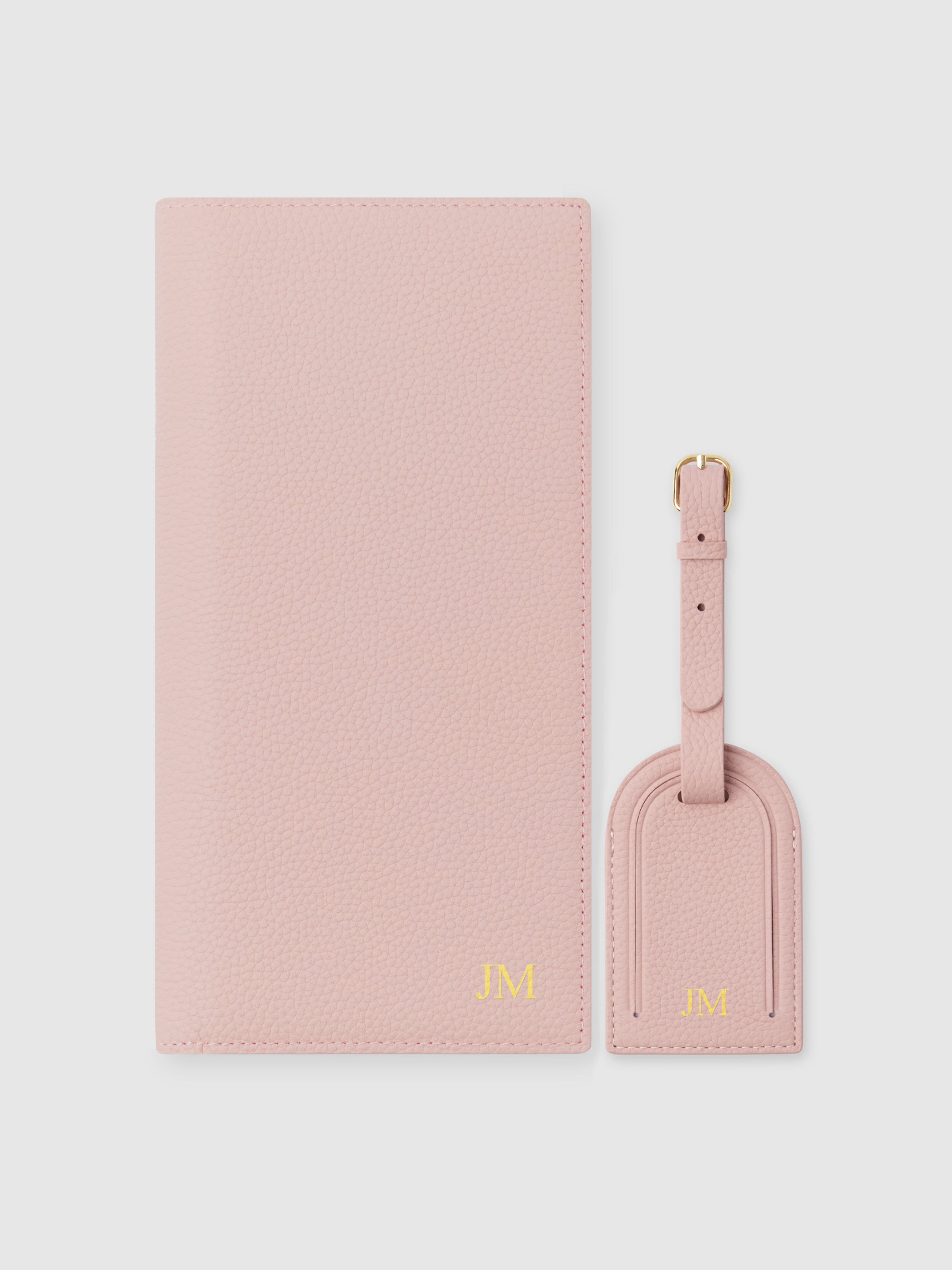 Personalised leather travel bundle pink wallet lugagge tag