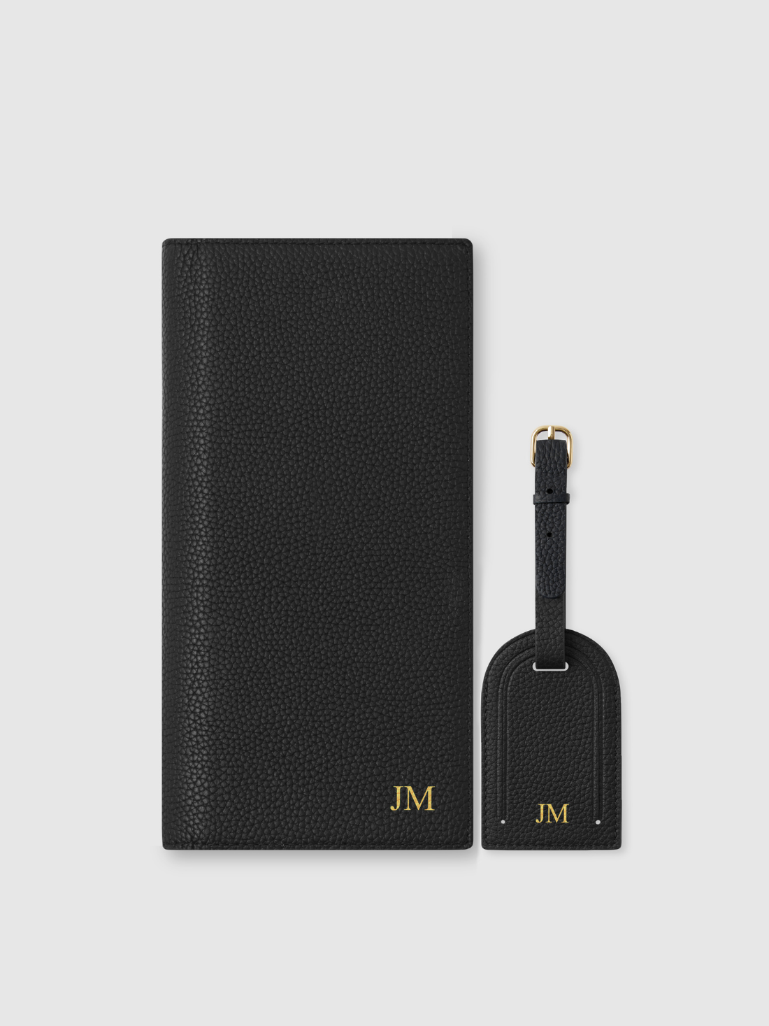 Personalised leather travel bundle wallet lugagge tag black