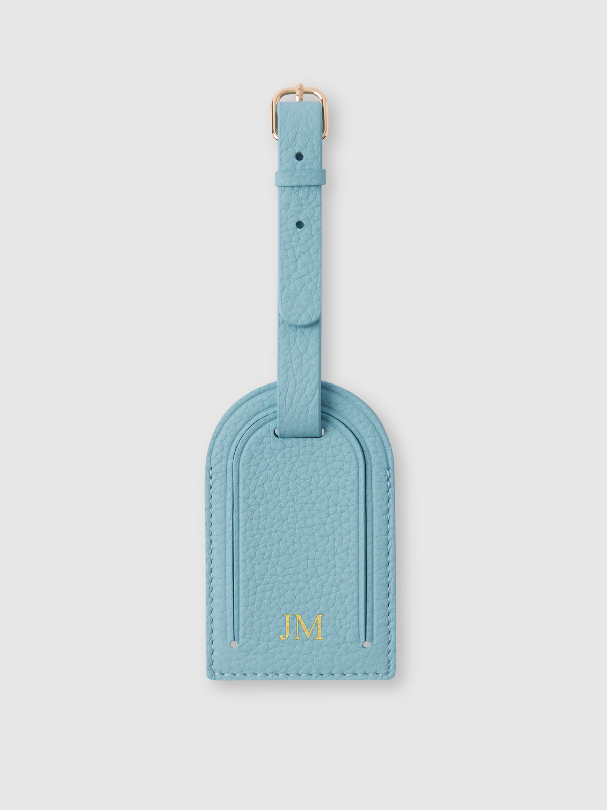 Personalised leather travel luggage tag aby blue light