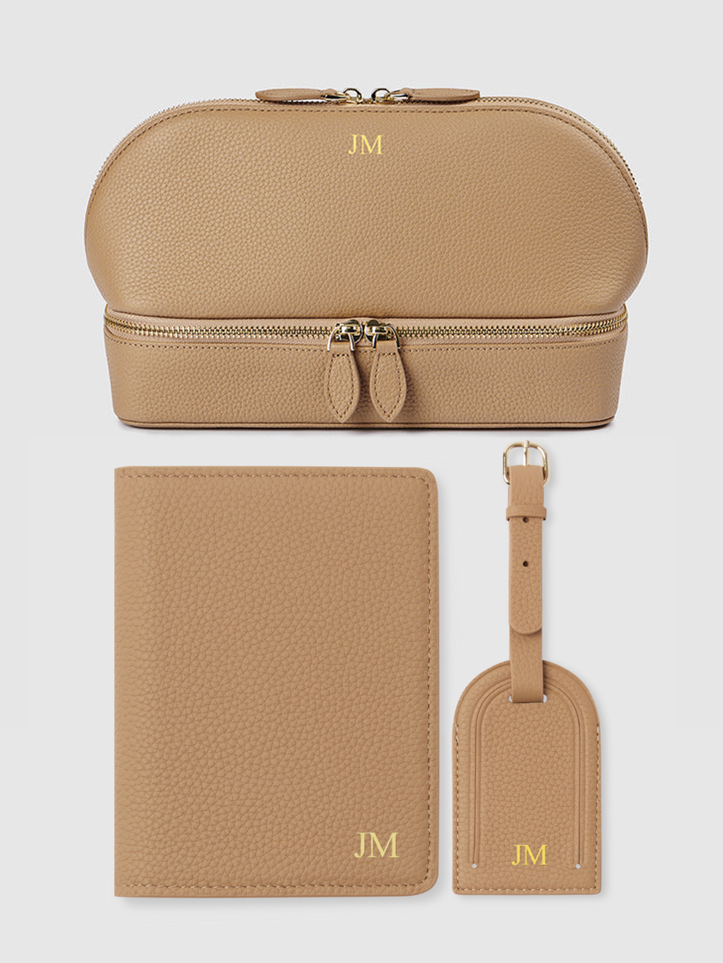 Personalised leather travel set jewellery passport luggage tag beige