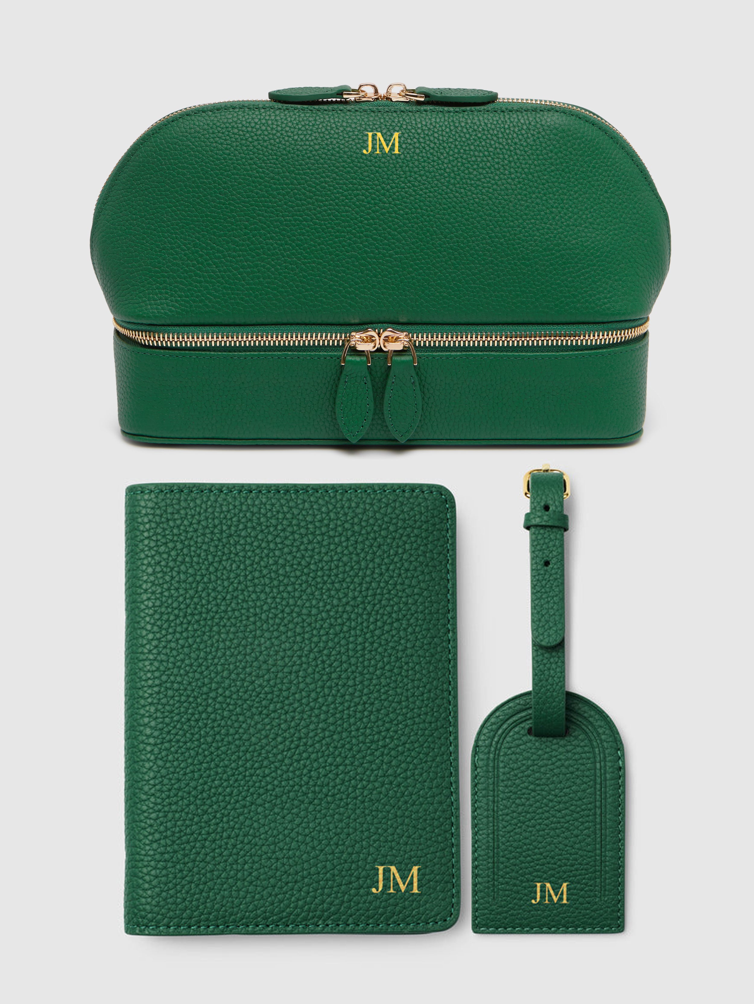 Personalised leather travel set jewellery passport luggage tag green