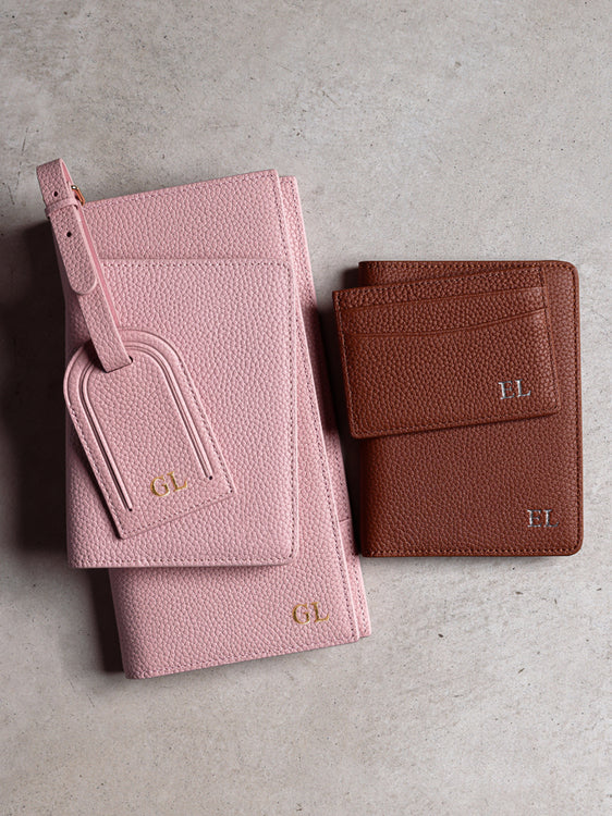 Personalised leather travel wallet pink black brown passport luggage tag