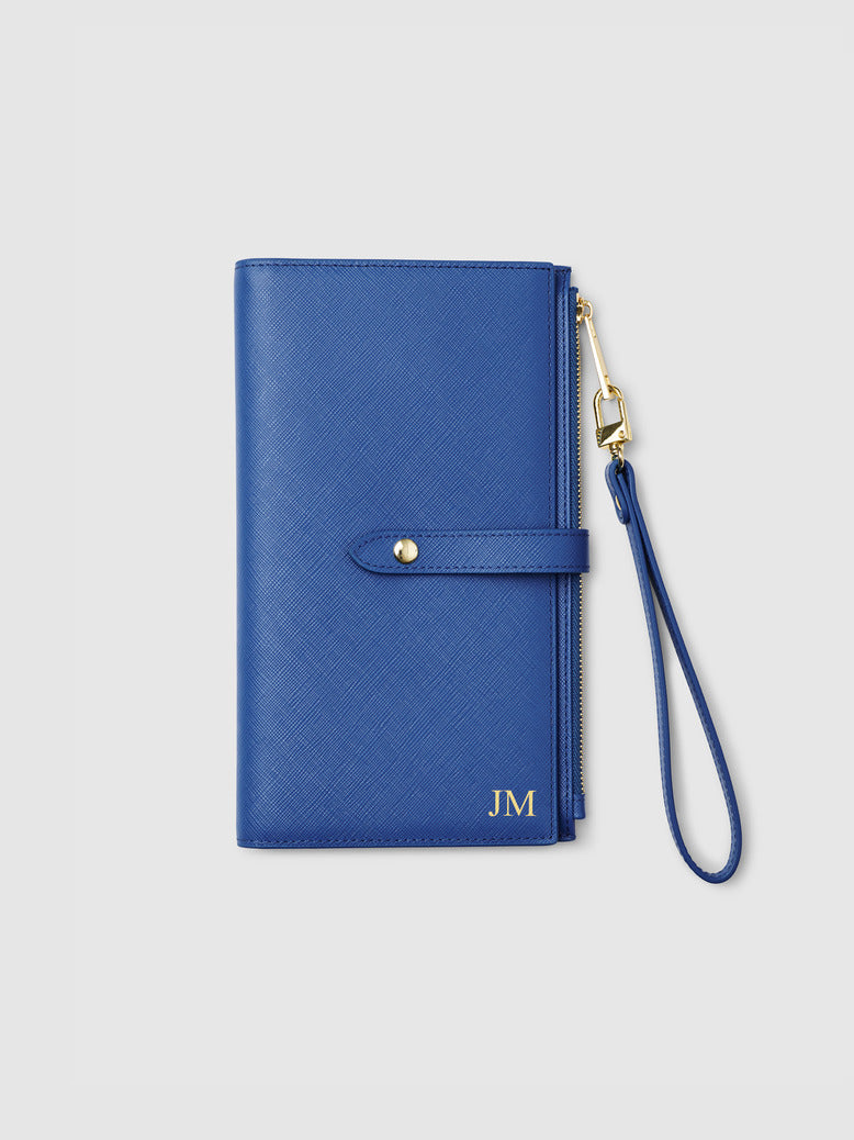 Personalised monogram leather travel wallet blue accessories