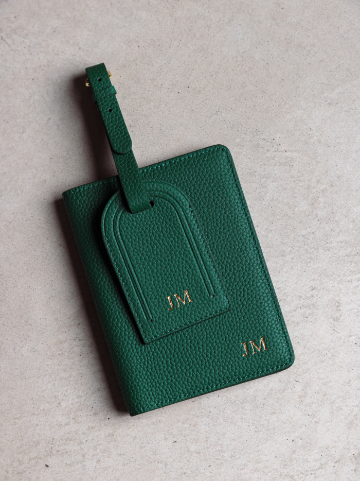 Personalised passport holder leather green monogram