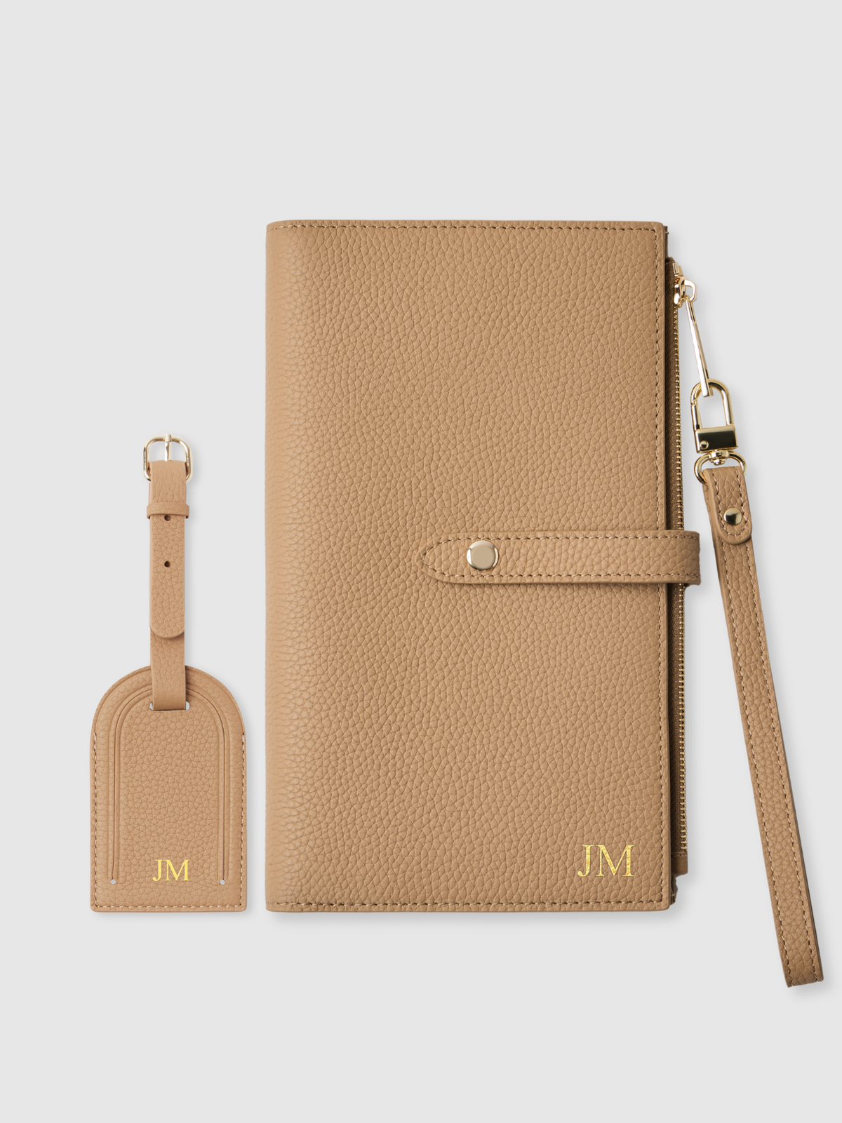 Personalised passport biege leather travel wallet luggage tag