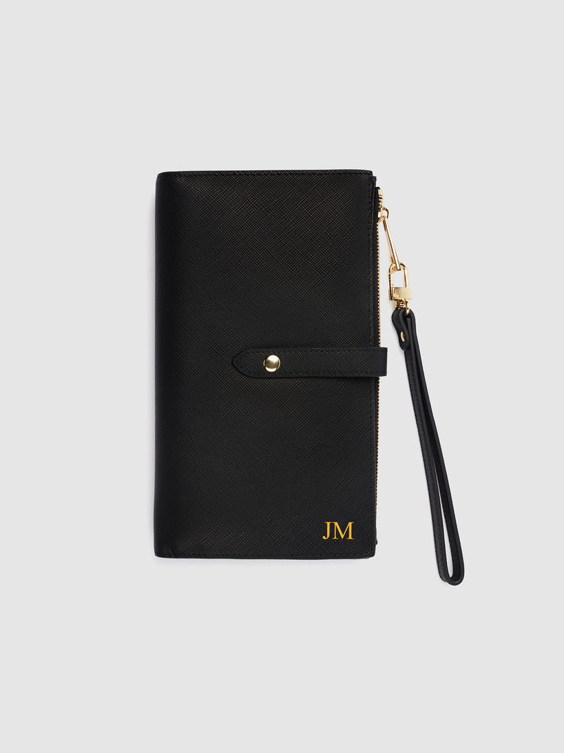 Personalised travel wallet black leather accessories monogram