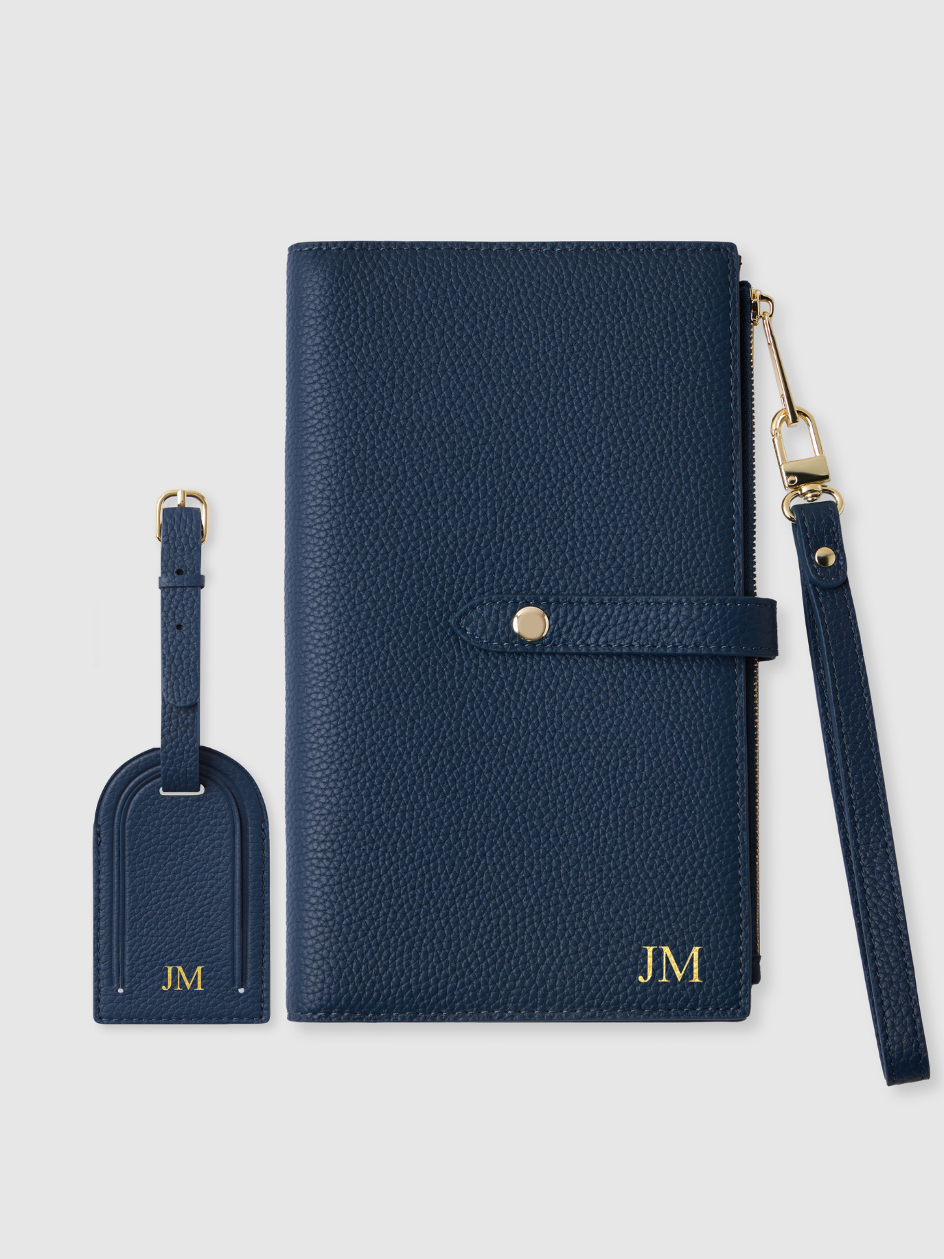 Personalised travel wallet navy leather luggage tag