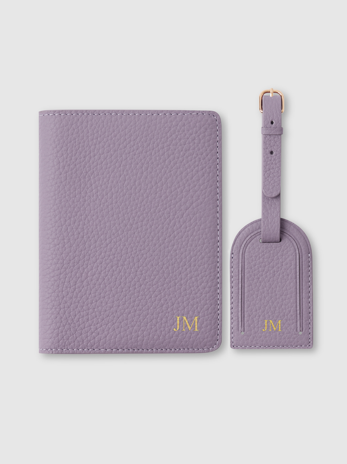 lilac purple personalised passport holder luggage tag leather