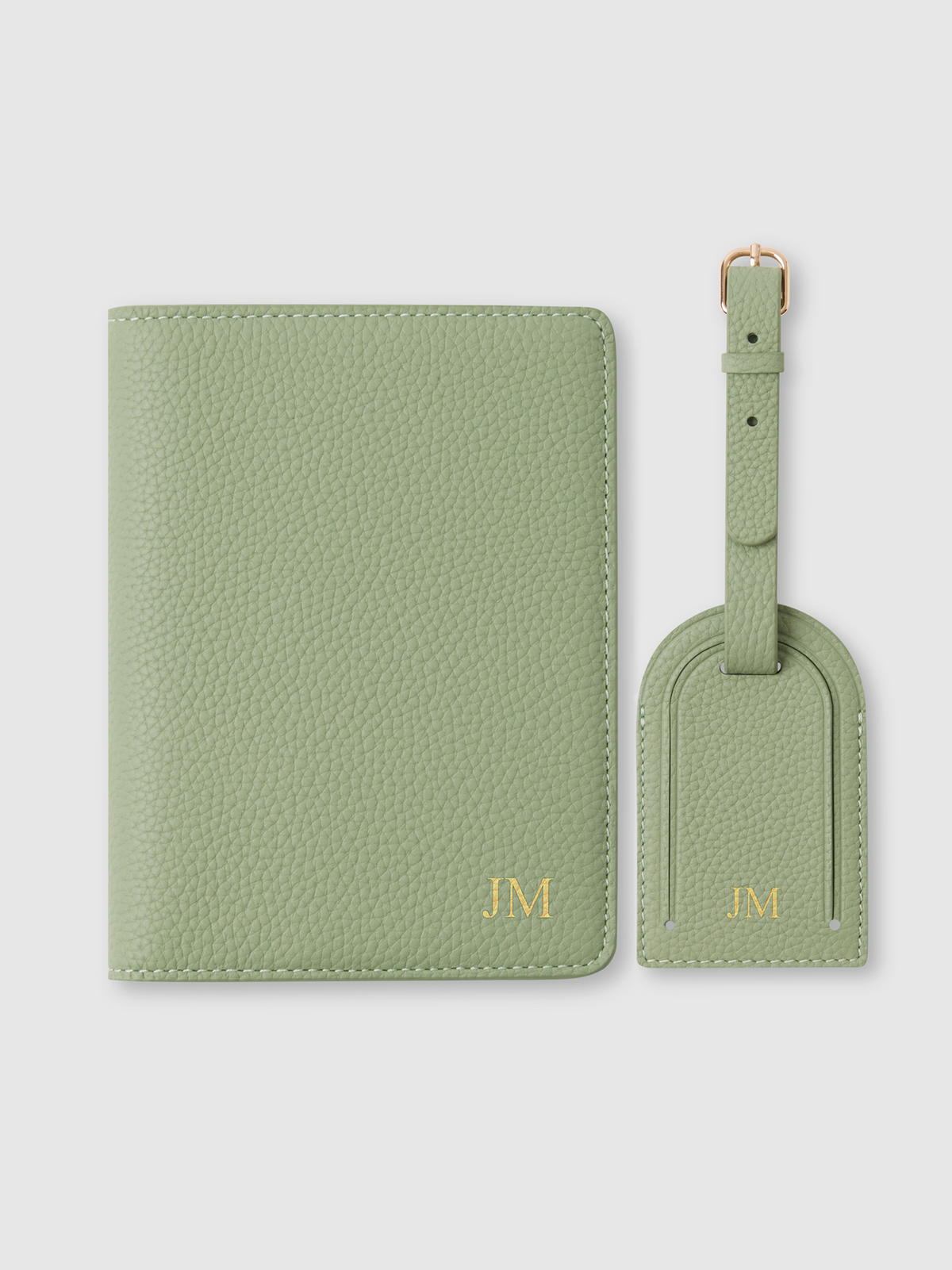 sage green personalised leather passport luggage tag